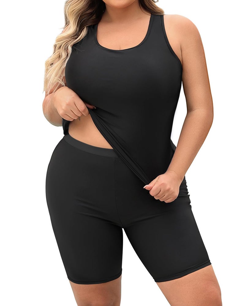 Daci Women's Plus Size Tankini Swimsuit - Two Piece Rash Guard with Capris Shorts and Athletic Racerback Bathing Suit Black 20 Plus - Image 1